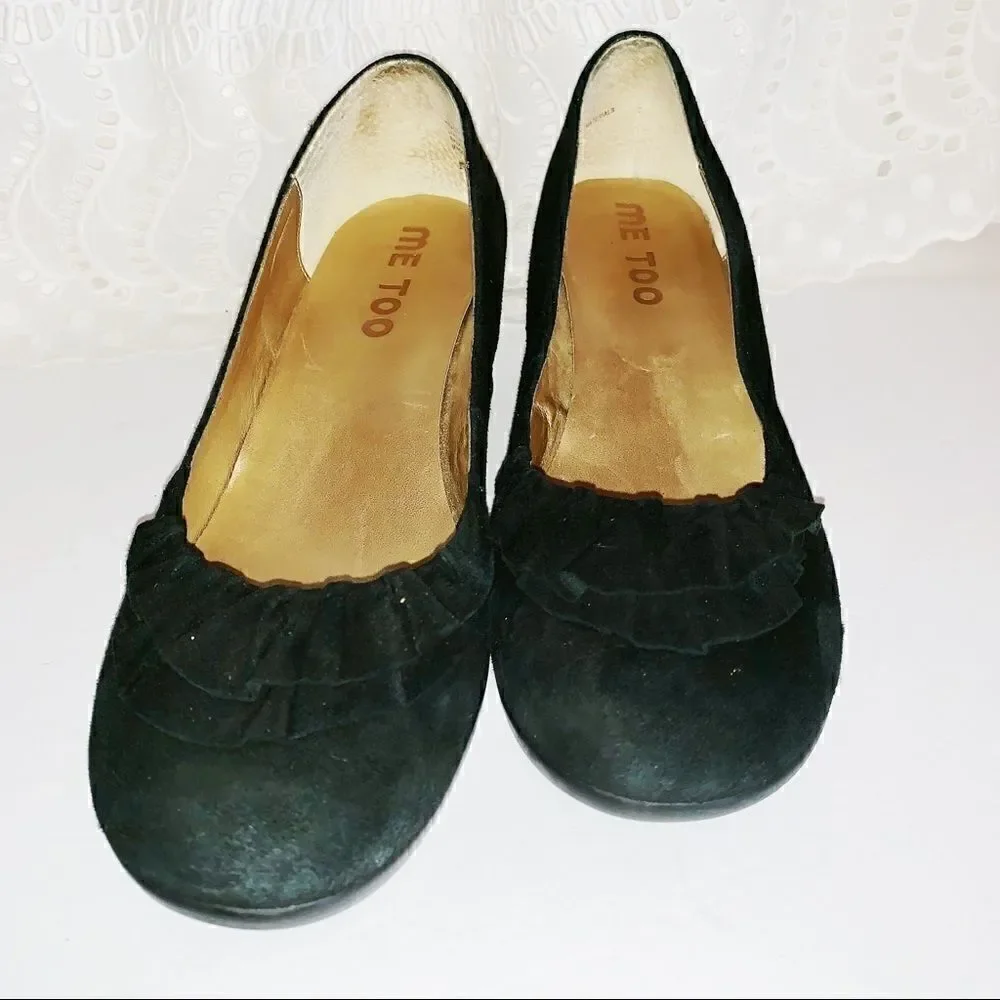 Me too black suede wedge pumps with ruffle  7.5